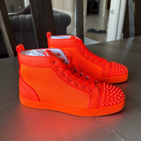 Christian Louboutin Lou spikes orlato neon orange flat sz 41 high top sneaker - Picture 1 of 14